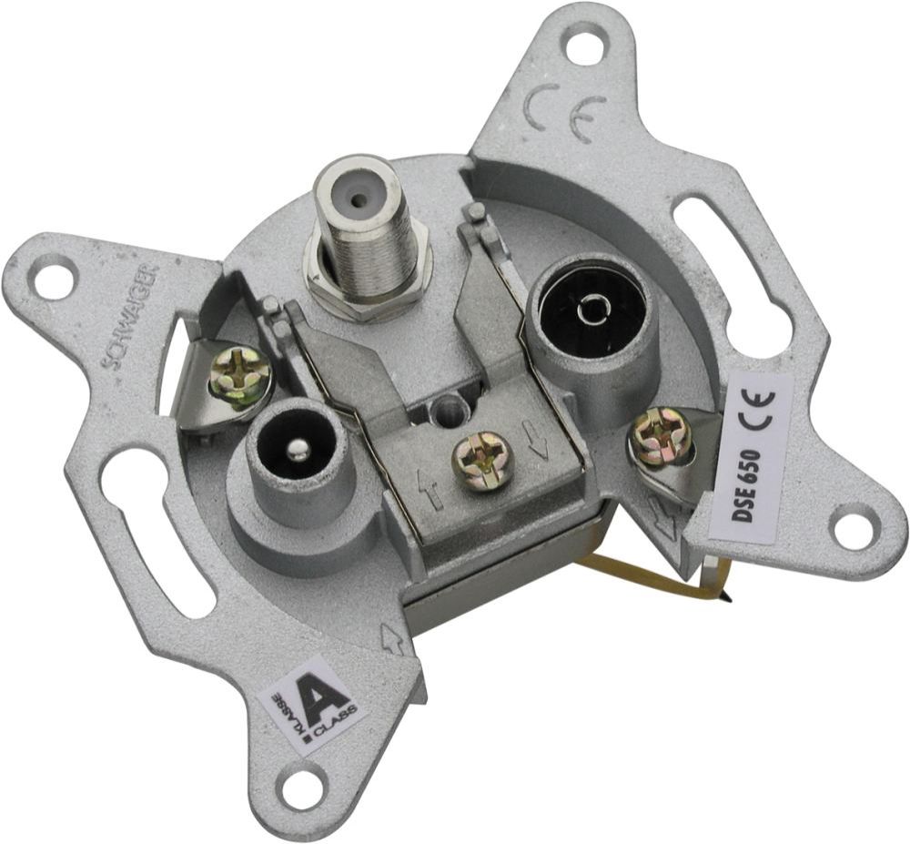 Schwaiger SAT Einzel-Stichleitungsdose DSE650 531 (2,5dB), F IEC silber, 3-Loch, 1x F / 2x IEC