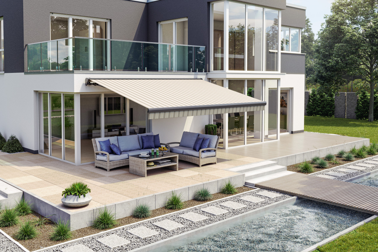 Wismar Halbkassettenmarkise beige-grau gestreift