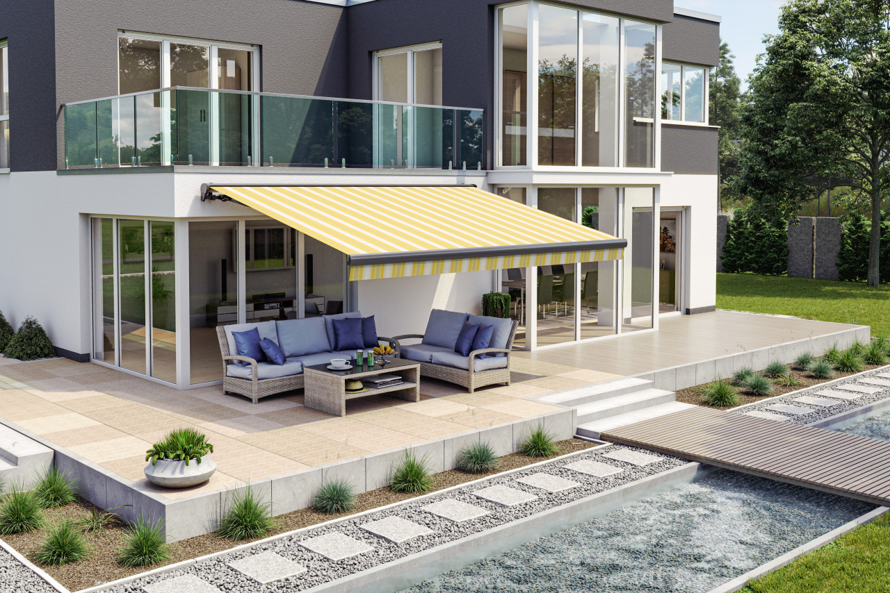 Wismar Halbkassettenmarkise grau-gelb gestreift