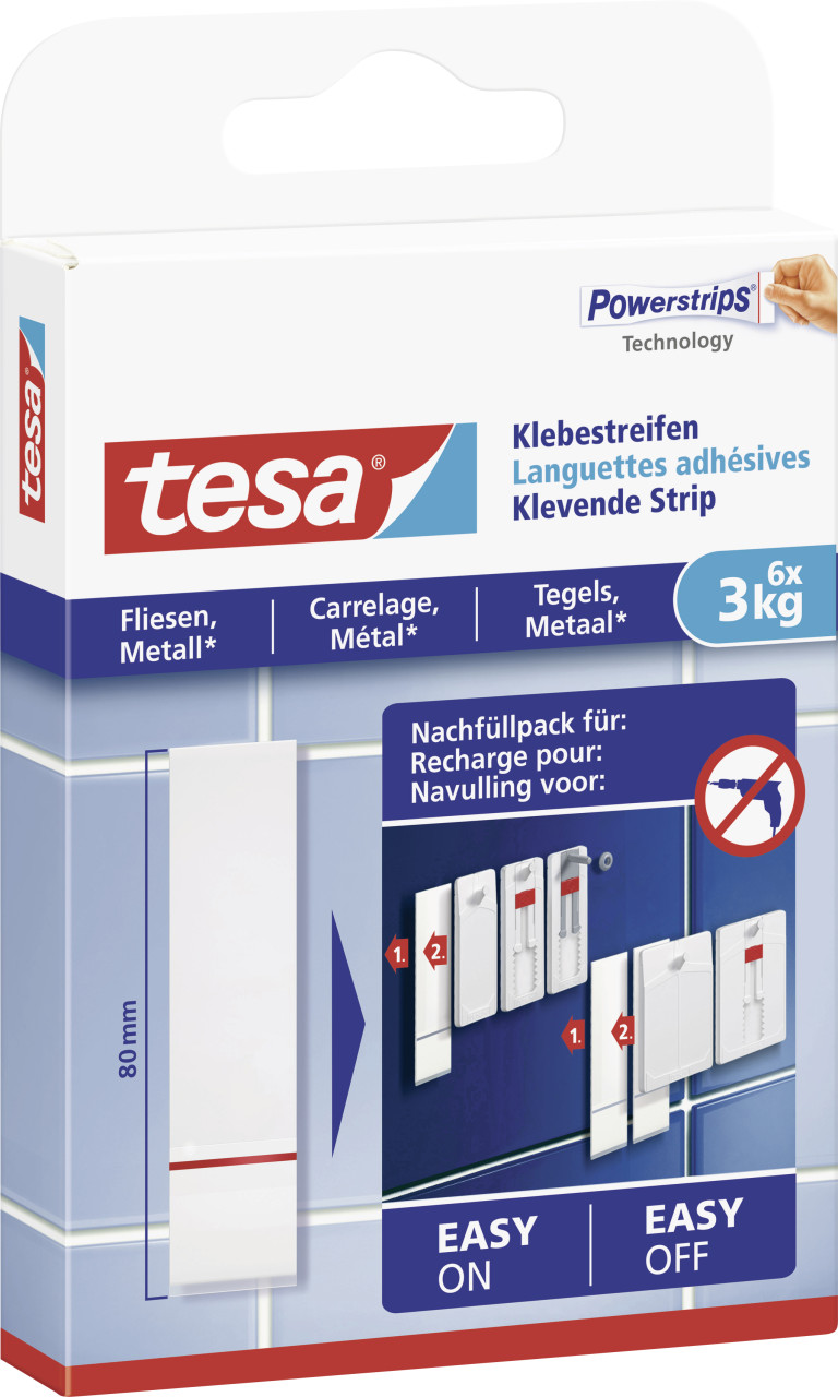 tesa Klebestreifen für Fliesen und Metall 6 Stück, Traglast 3 kg