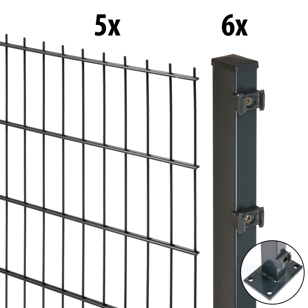 Floraworld Doppelstabmatten-Zaun Set Comfort 10 m 201 x 163 cm mit Bodenplatte & 6 Pfosten 169,3 cm anthrazit