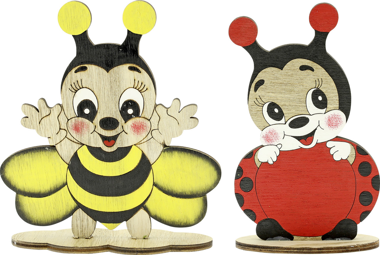 Frühlingsdeko Aufsteller Biene/Käfer Holz 16 cm grün/rot 2-fach sortiert