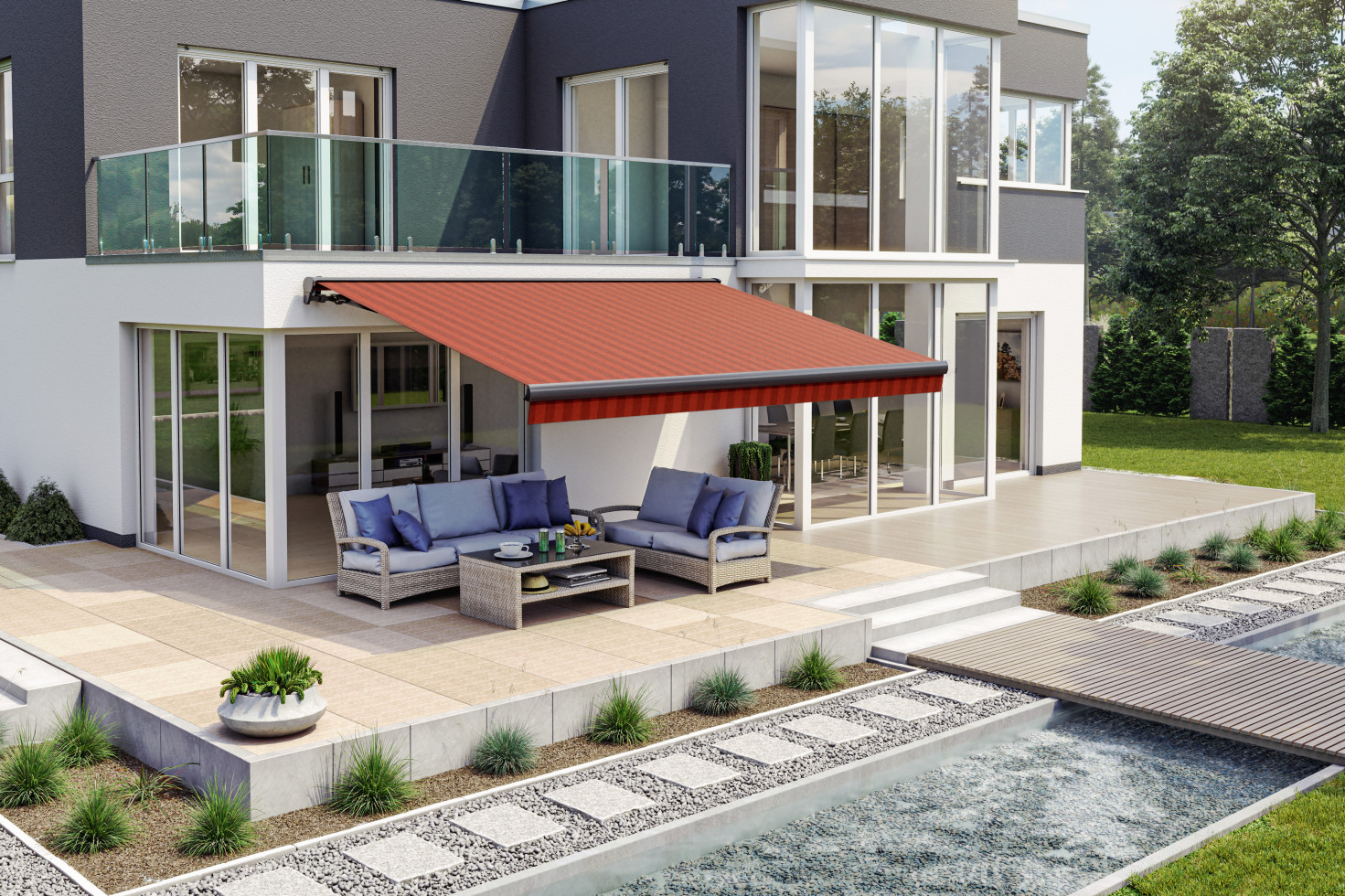 Wismar Halbkassettenmarkise bordeaux gestreift