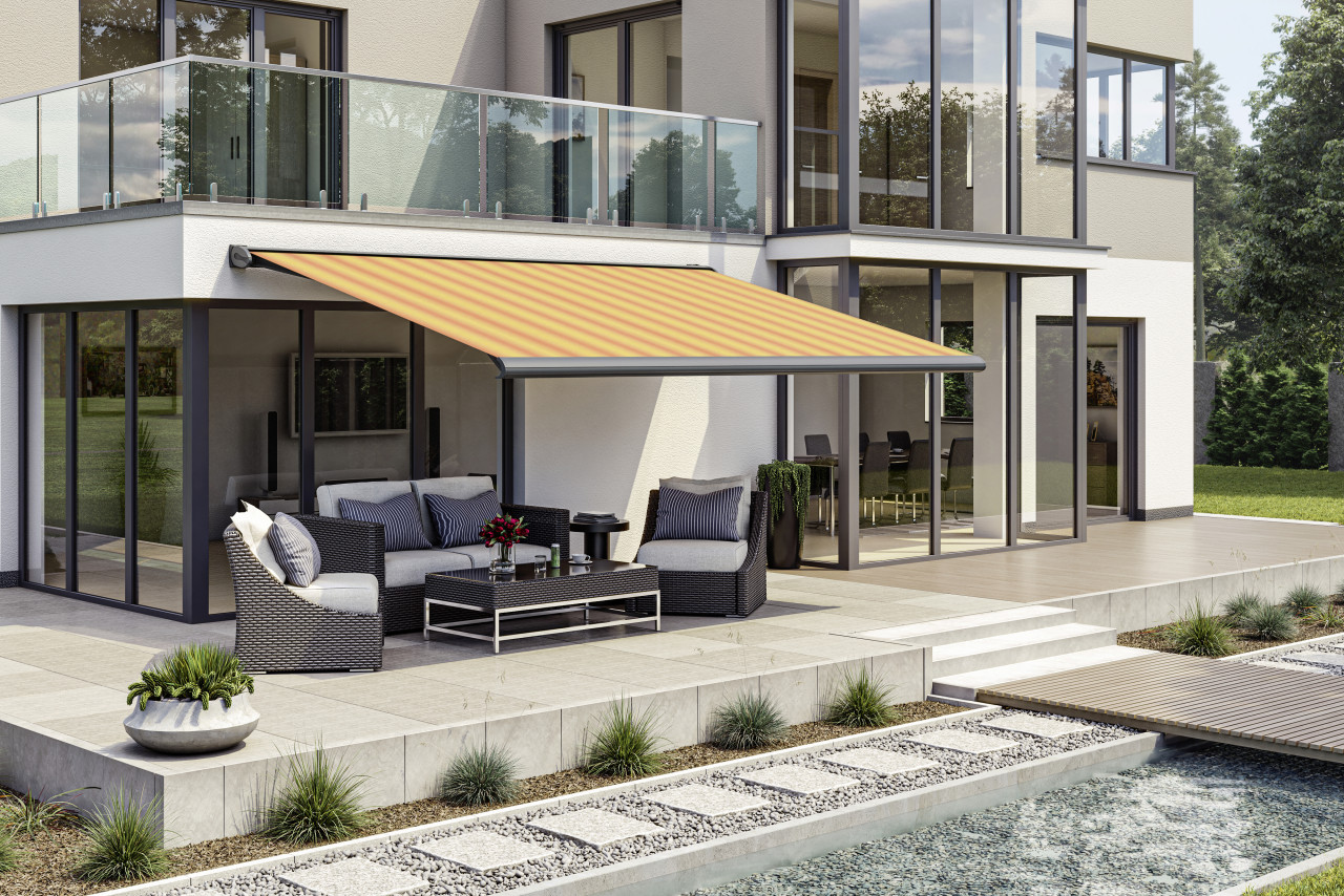 Kassettenmarkise S-Compact gelb-orange gestreift inkl. Motor, Aufputzschalter