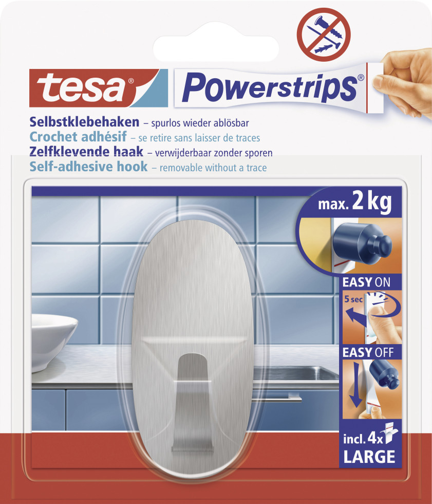 tesa Powerstrips Haken Large oval, Edelstahl