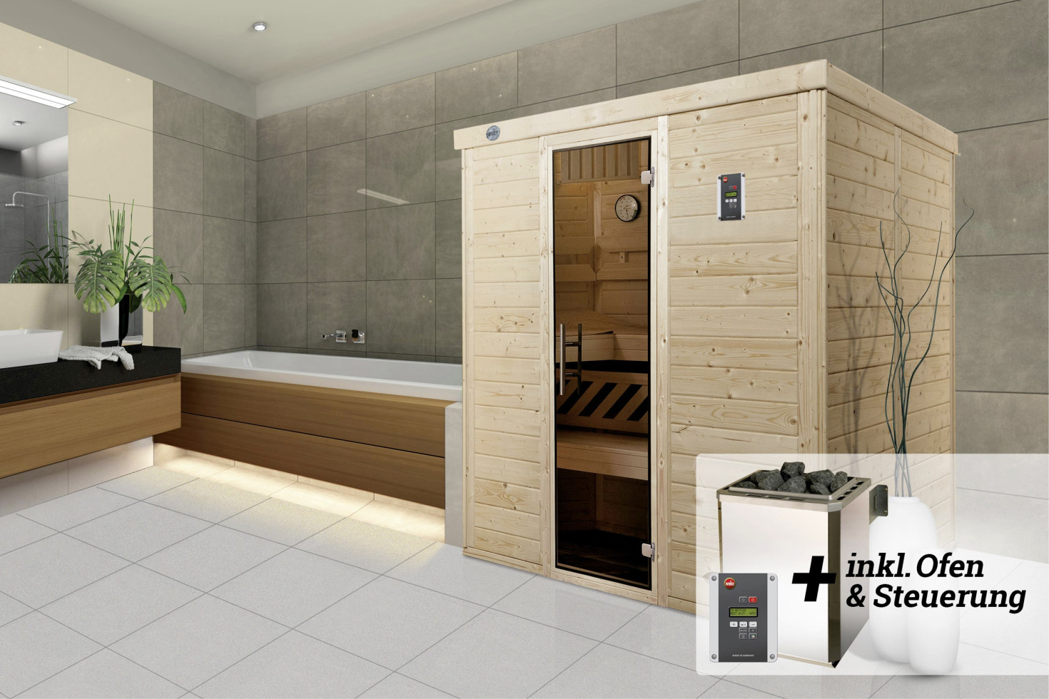 Weka Premium Massivholz-Elementsauna Kemi Eck Gr. 3 Sparset 7,5 kW