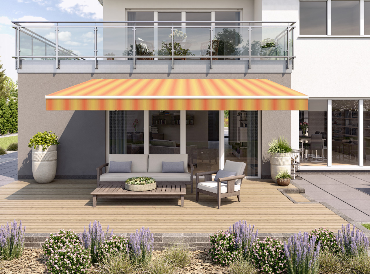 Gelenkarmmarkise Classic gelb-orange gestreift inkl. Motor, Handsender, Solar Panel