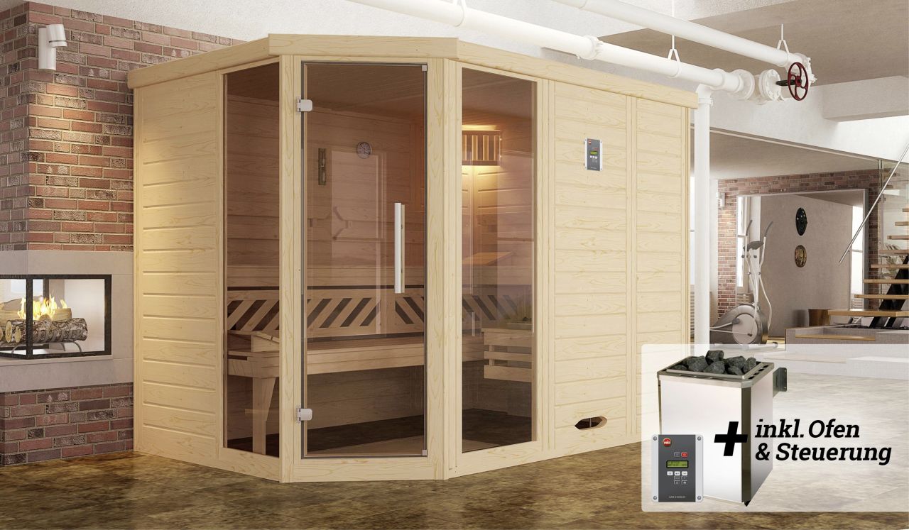 Weka Premium Massivholz-Elementsauna Kemi Eck Gr. 3 Sparset 7,5 kW OS
