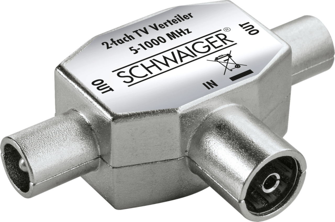 Schwaiger Anschlussverteiler ASV42 531 für TV Metall silber, 1x IEC Buchse auf 2x IEC Stecker