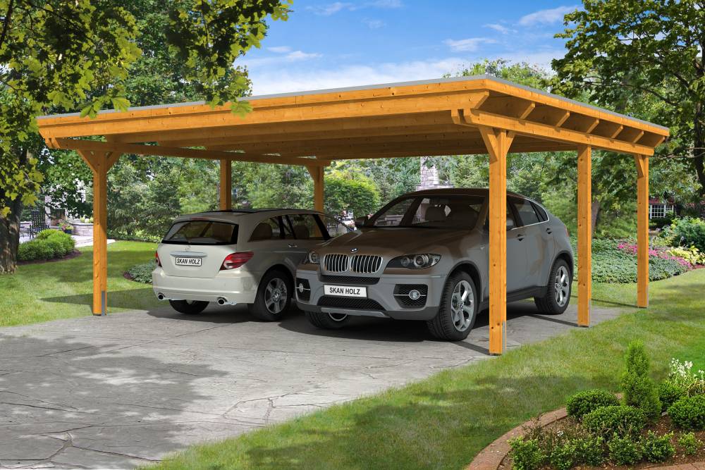 SKAN HOLZ Carport Emsland 613 x 604 cm mit EPDM-Dach, lasiert in Eiche hell