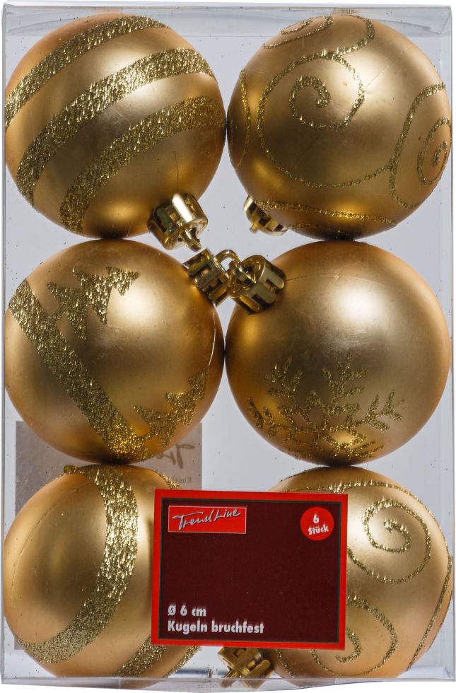 TrendLine Weihnachtskugeln bruchfest, langlebig Ø 6 cm gold mattiert 6 Stück