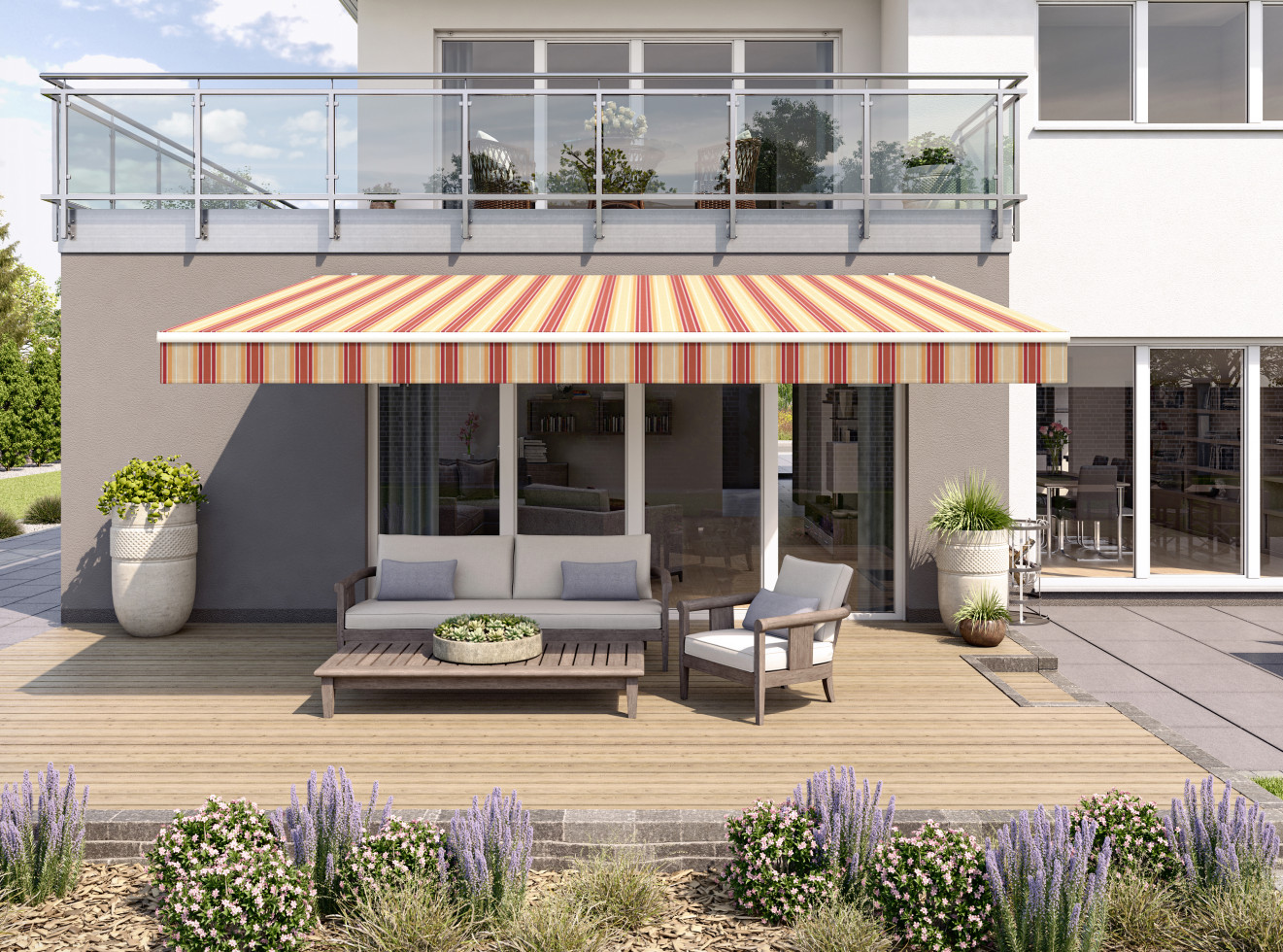 Gelenkarmmarkise Classic beige-rot gestreift inkl. Handkurbel