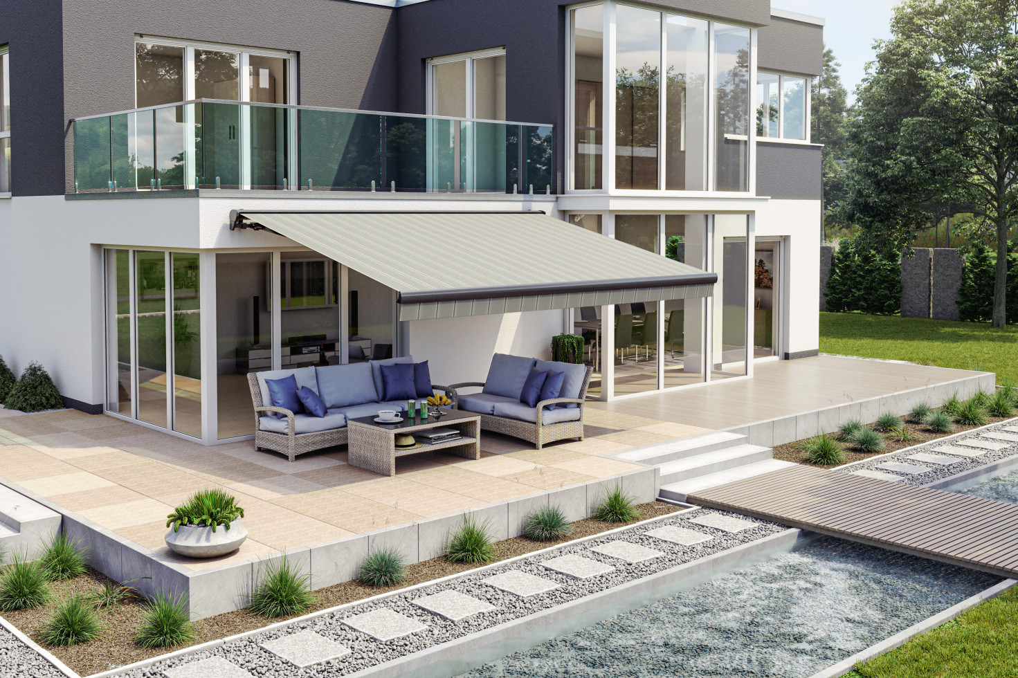 Wismar Halbkassettenmarkise grau-schwarz gestreift