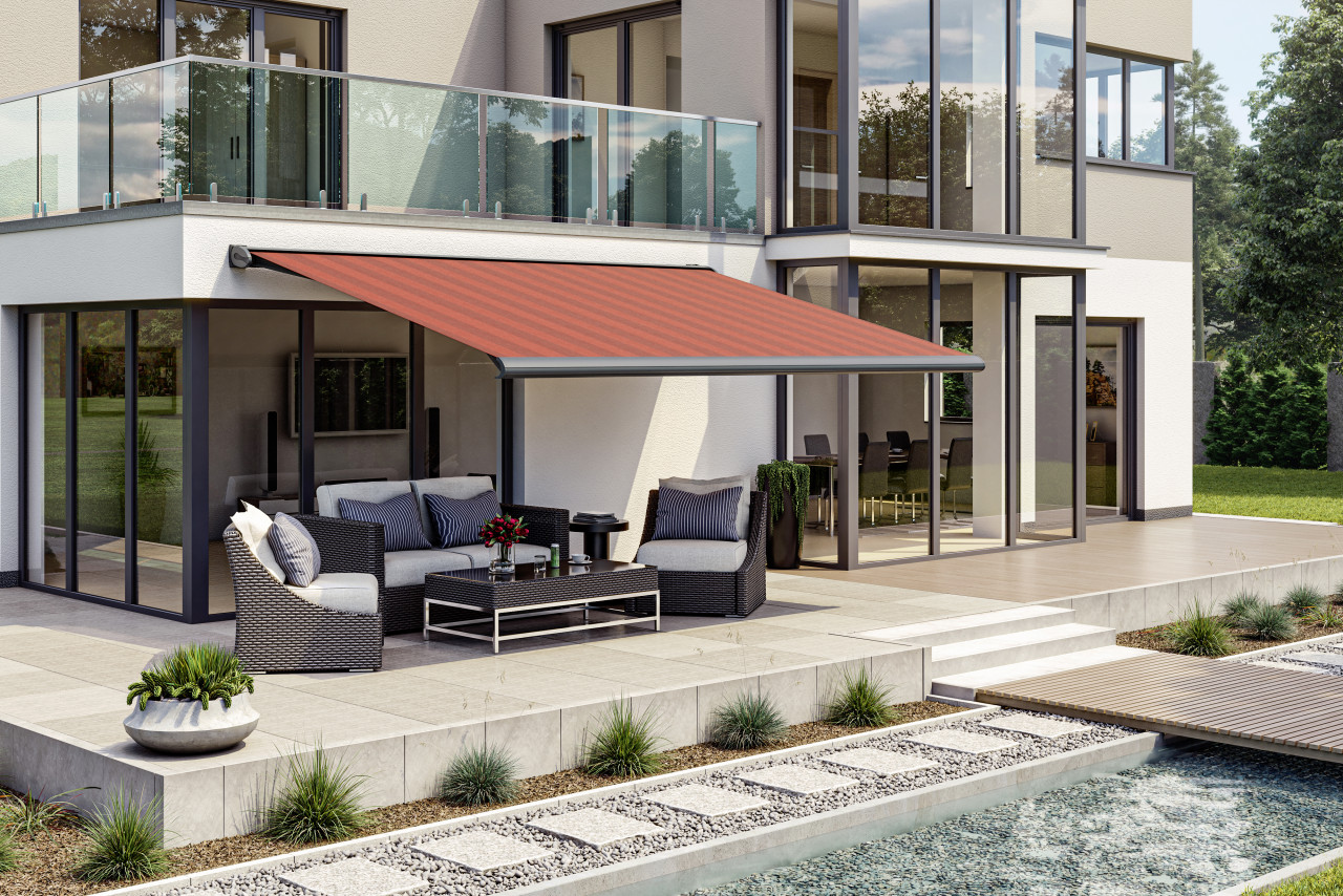 Kassettenmarkise S-Compact bordeaux gestreift inkl. Motor, Aufputzschalter