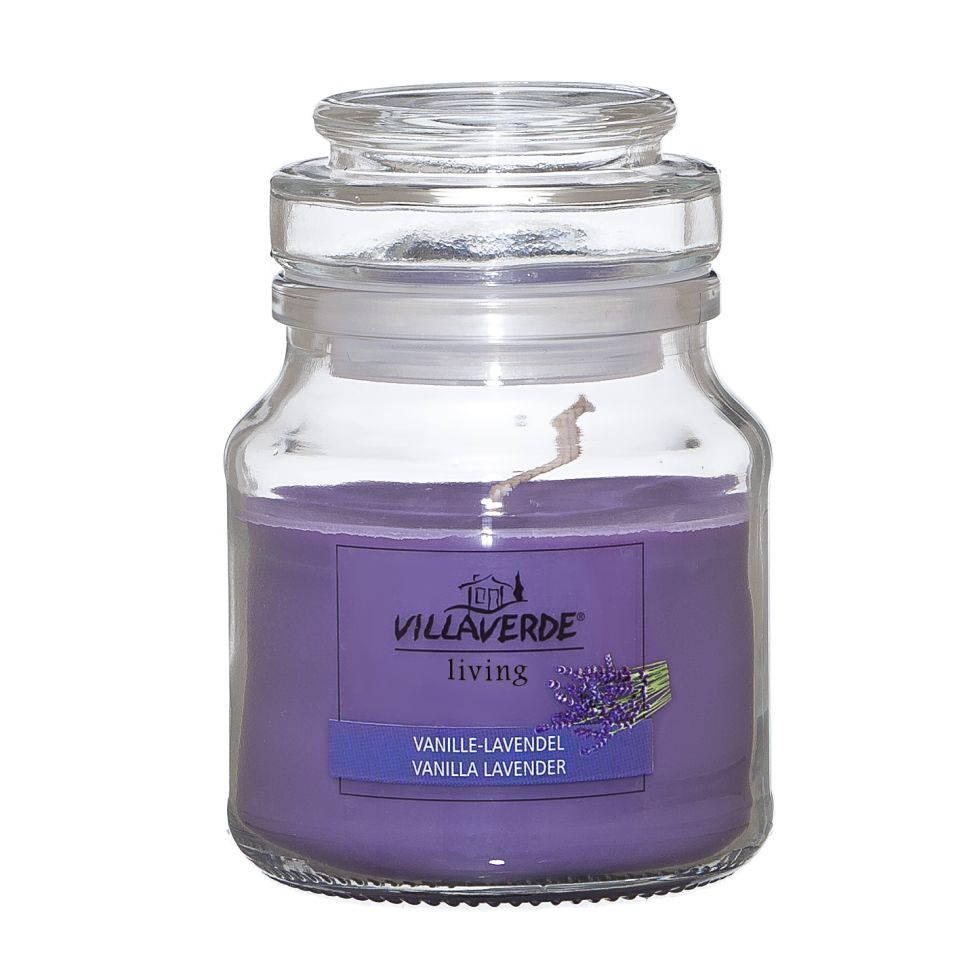 Villa Verde Duftkerze im Glas m. Deckel Vanille-Lavendel, H: 7,8 cm, Ø 7 cm