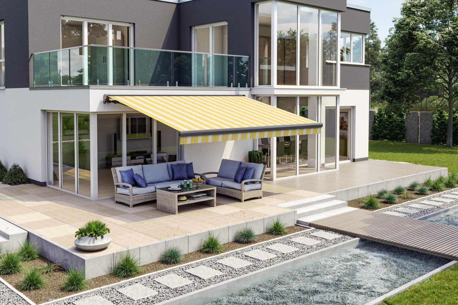 Wismar Halbkassettenmarkise grau-gelb gestreift