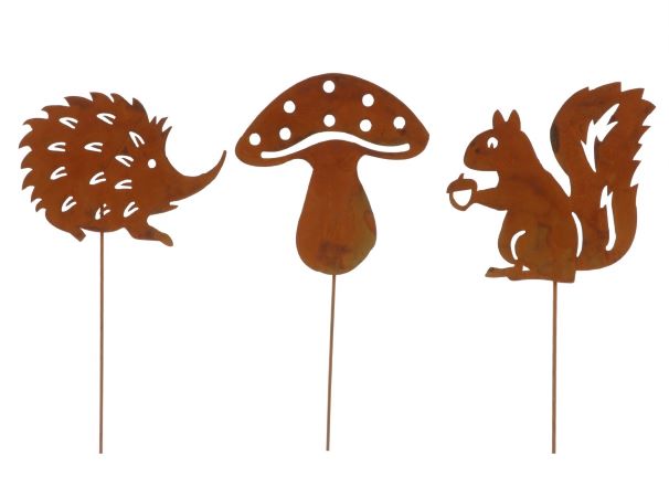 Flamingo Gartenstecker Waldtiere & Pilz rostbraun 40 cm 3 Stück