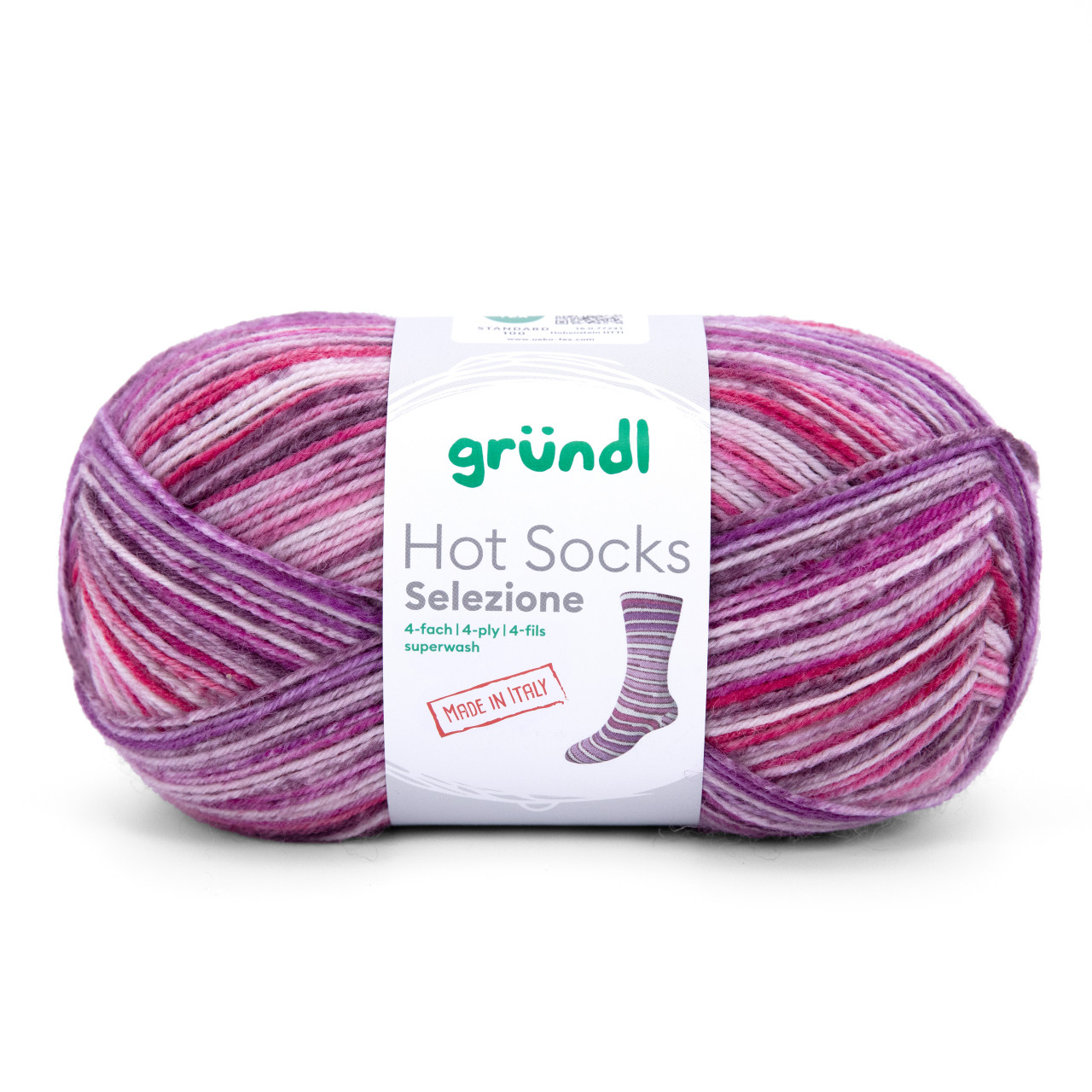 Gründl Sockenwolle Hot Socks 100 g 4-fach, feige-puderrosa-wassermelone-himbeerrot