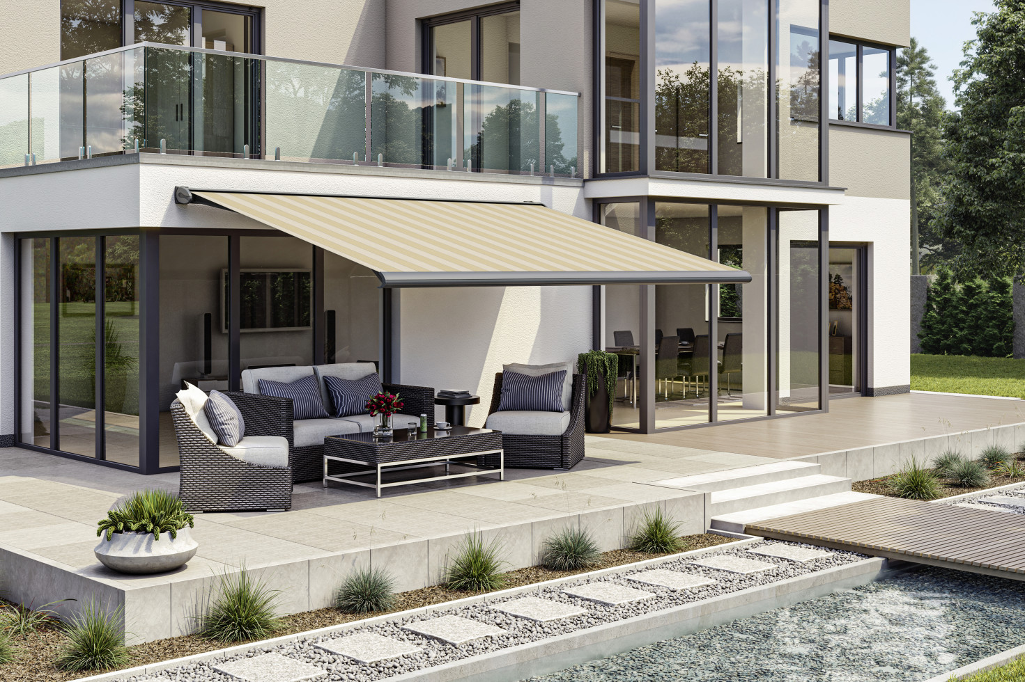 Kassettenmarkise S-Compact beige gestreift inkl. Motor, Aufputzschalter