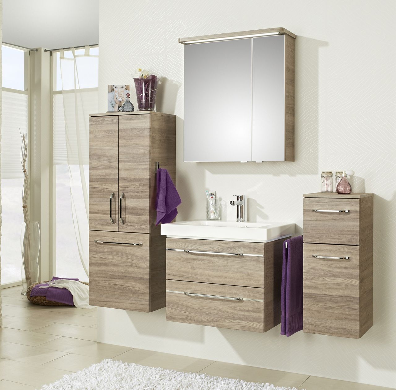 Pelipal Badmöbel-Set Balto Sanremo Eiche mit Unterschrank und Midischrank 141 cm