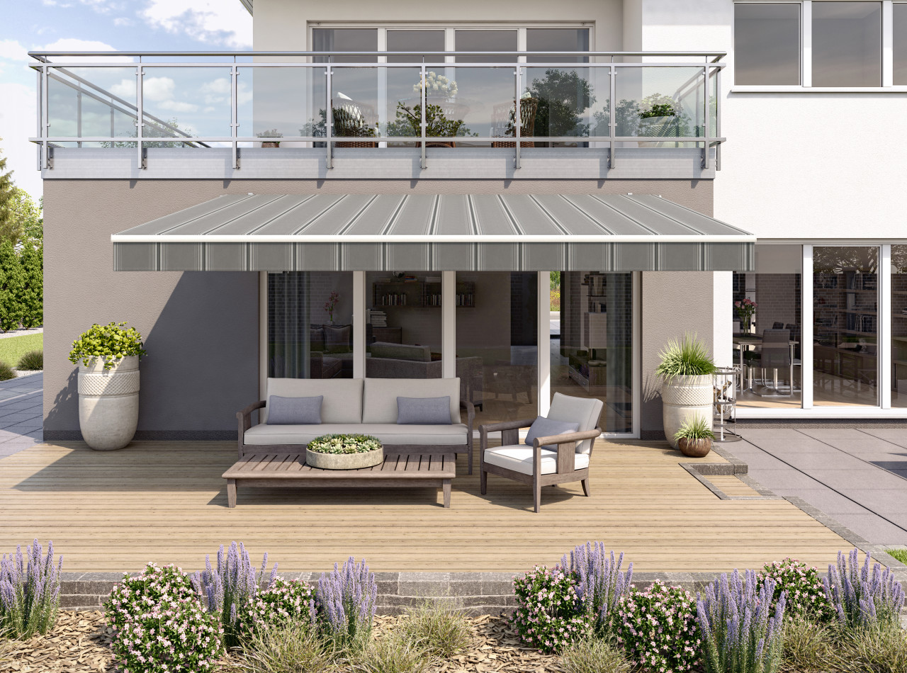 Gelenkarmmarkise Classic grau-schwarz gestreift inkl. Motor, Handsender, Solar Panel