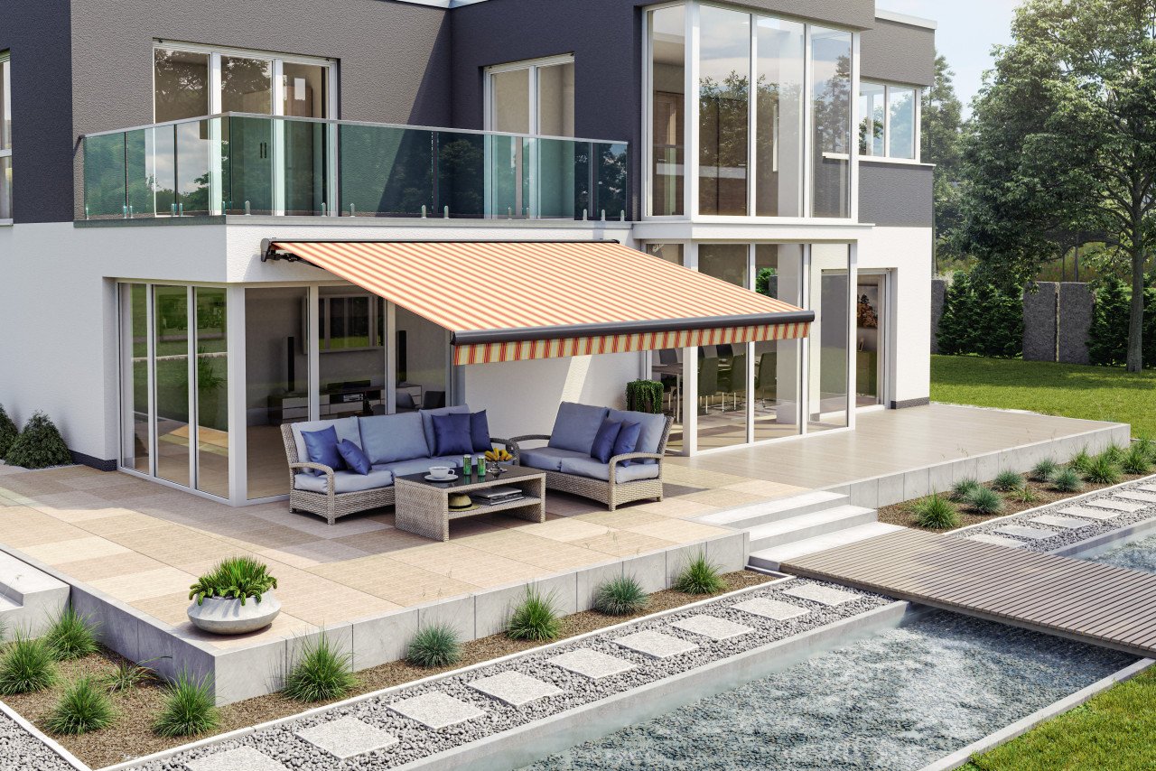 Teilhülsenmarkise beige-rot gestreift